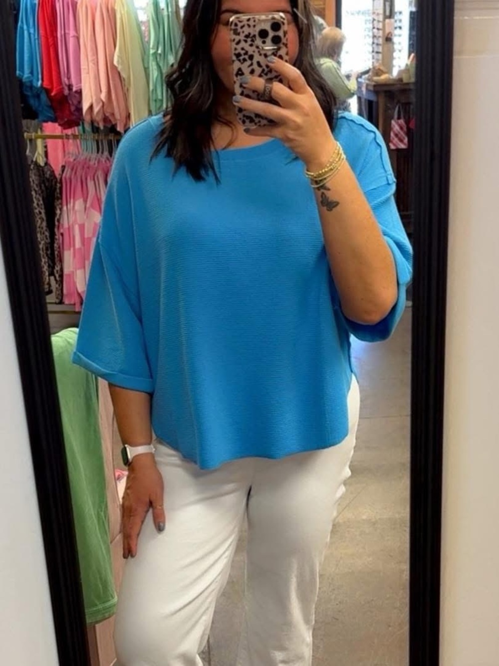 Zenana Outfitters bright blue Short Sleeve high-low waffle Knit Top